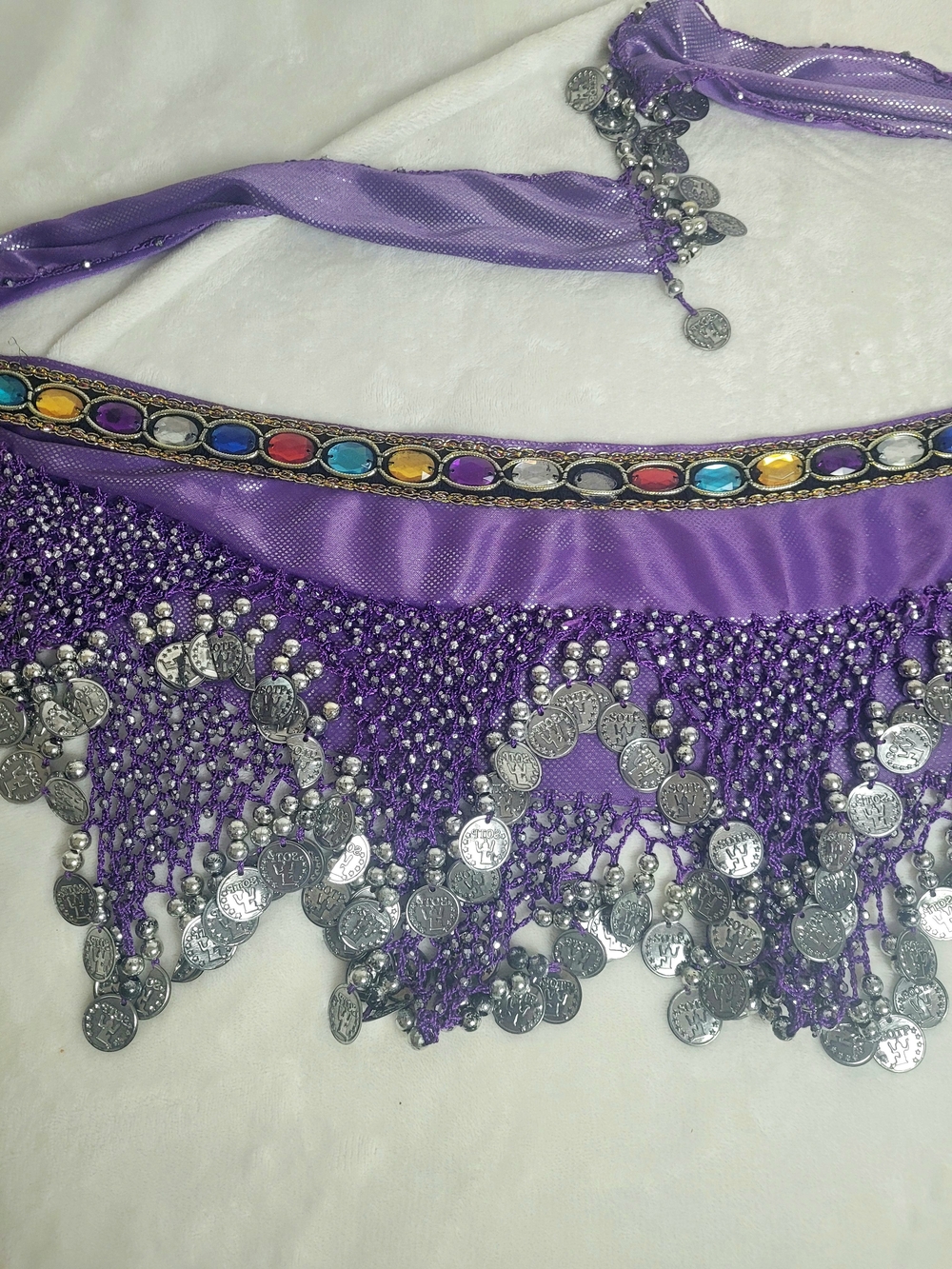 Purple Embellished Belly Dancer Hip Belt with Silver Coin Fringe For Sparkle